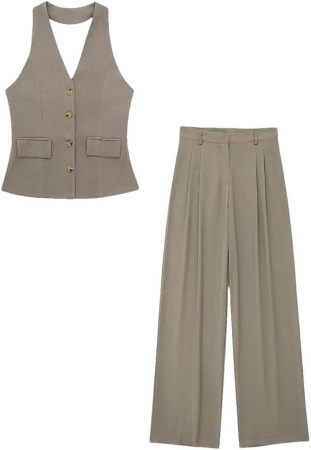 Women's 2-Piece Sleeveless Vest and Wide-Leg Pants Set