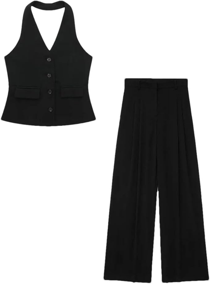 Women's 2-Piece Sleeveless Vest and Wide-Leg Pants Set