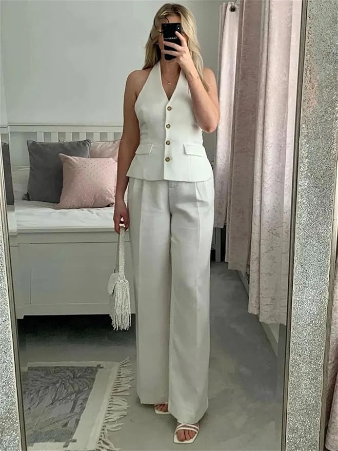 Women's 2-Piece Sleeveless Vest and Wide-Leg Pants Set