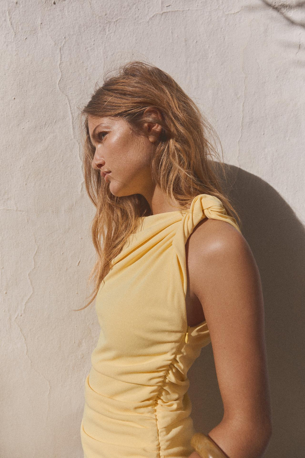BUTTER YELLOW ASYMMETRIC MIDI DRESS