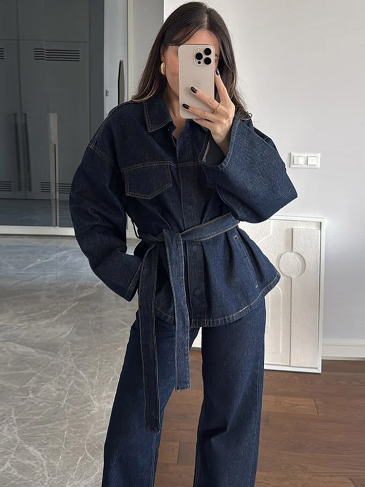 Premium Denim Co-ord Set for Women – Trendy Belted Jacket & Wide-Leg Pants