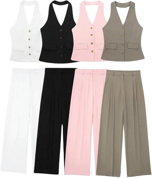 Women's 2-Piece Sleeveless Vest and Wide-Leg Pants Set