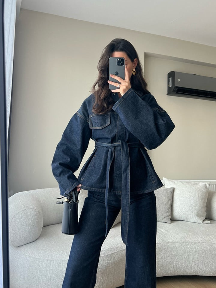 Premium Denim Co-ord Set for Women – Trendy Belted Jacket & Wide-Leg Pants