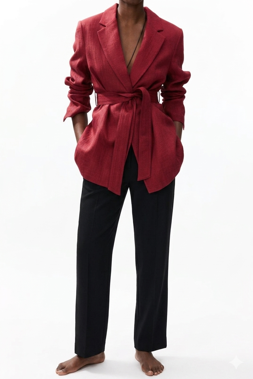 Textured-weave tie-belt blazer