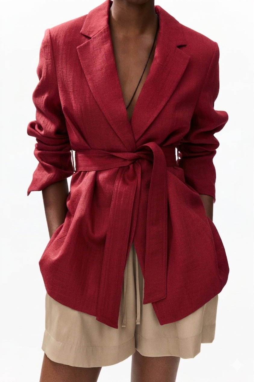 Textured-weave tie-belt blazer
