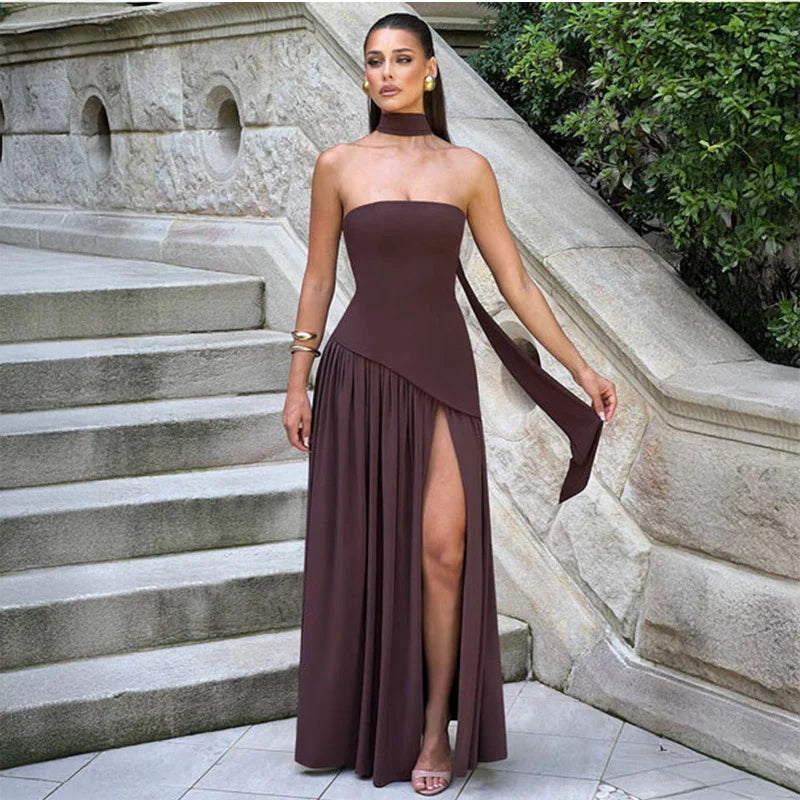 Stella Strapless Long Slit Dress With Scarf