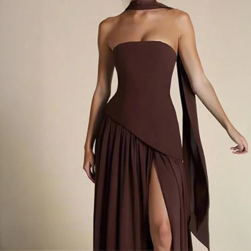 Stella Strapless Long Slit Dress With Scarf
