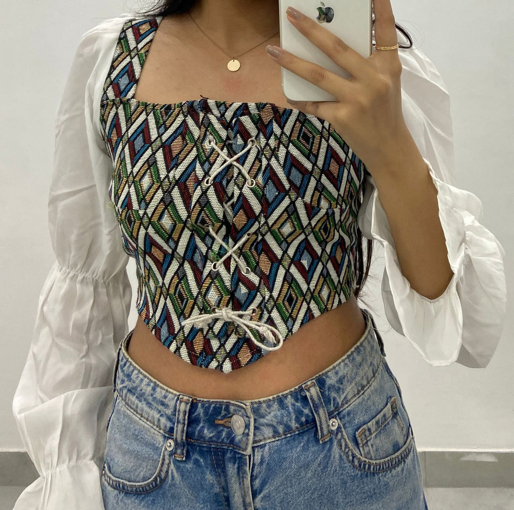 Boho Lace-Up Geometric Corset Crop Top