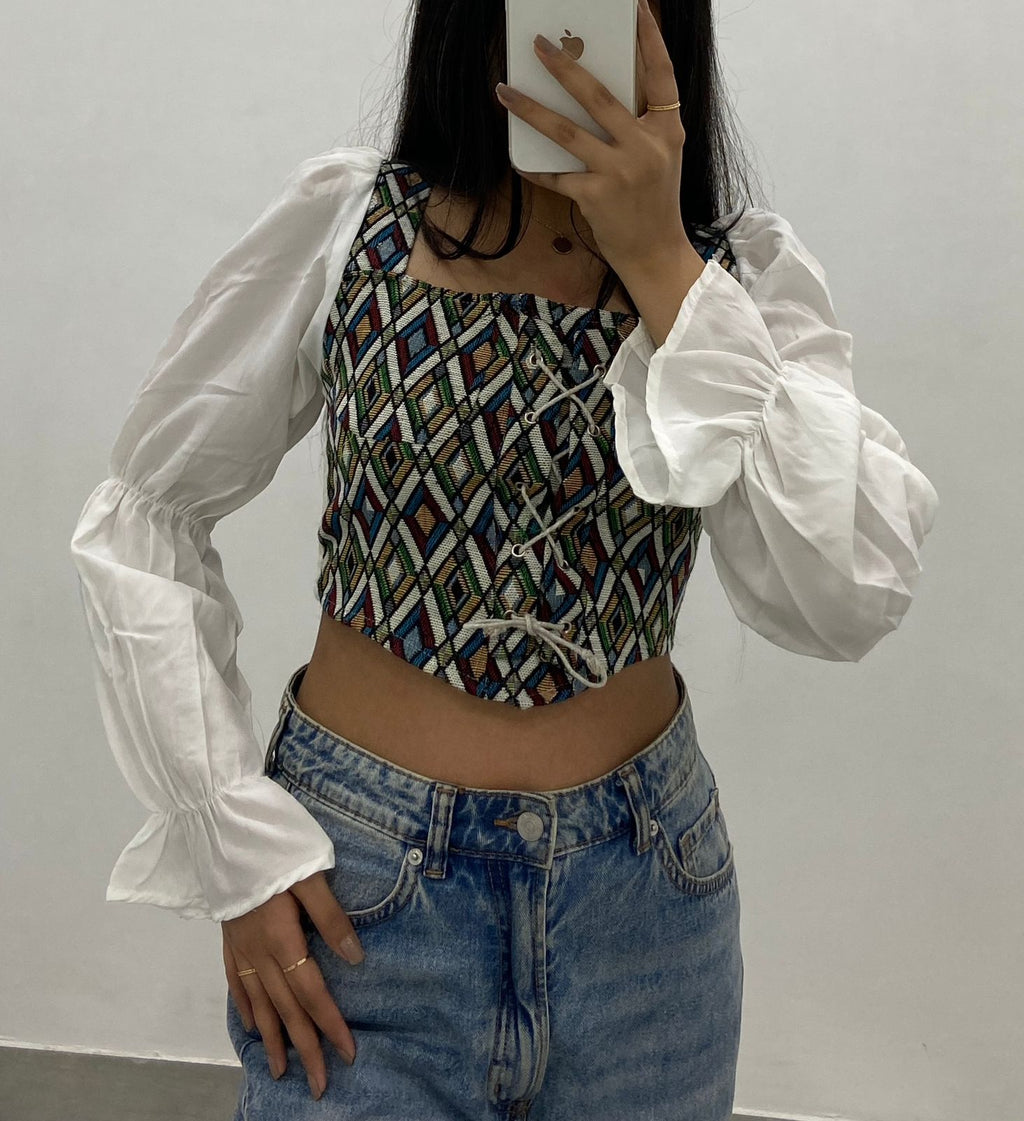 Boho Lace-Up Geometric Corset Crop Top