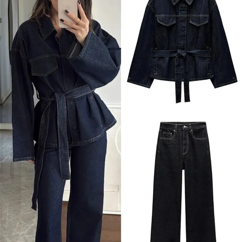 Premium Denim Co-ord Set for Women – Trendy Belted Jacket & Wide-Leg Pants